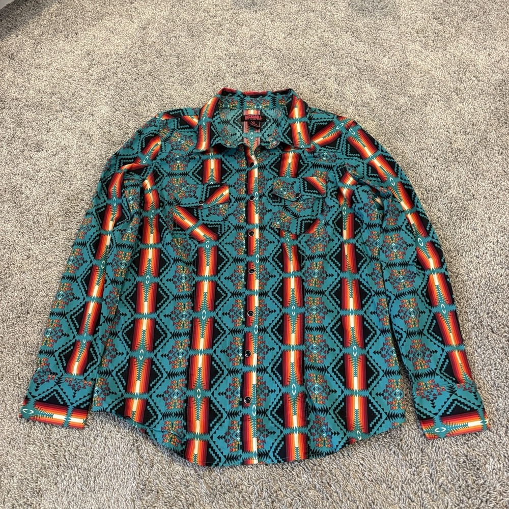Rock & Roll Denim Turquoise Aztec Western Pearl Snap Long Sleeve Boys Youth XL